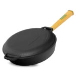 Ø24cm 47mm hoch Gusseisenpfanne Gußeisenpfanne mit Holzgriff und Deckel-Bratpfanne aus Gusseisen