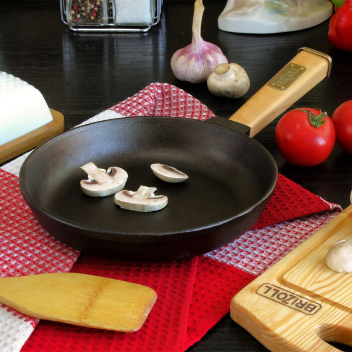 Ø24cm 47mm hoch Gusseisenpfanne Gußeisenpfanne mit Holzgriff und Deckel-Bratpfanne aus Gusseisen