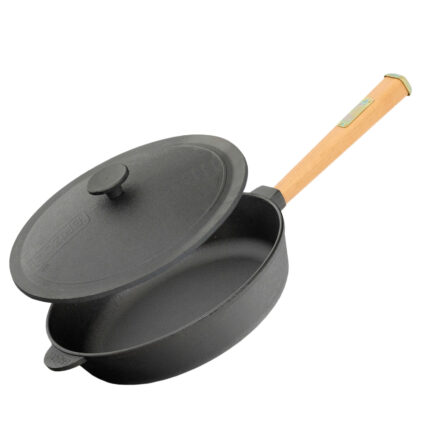 Ø28cm Gusseisenpfanne 55mm hoch mit Holzgriff und Gusseisen Deckel Induktion Bratpfanne