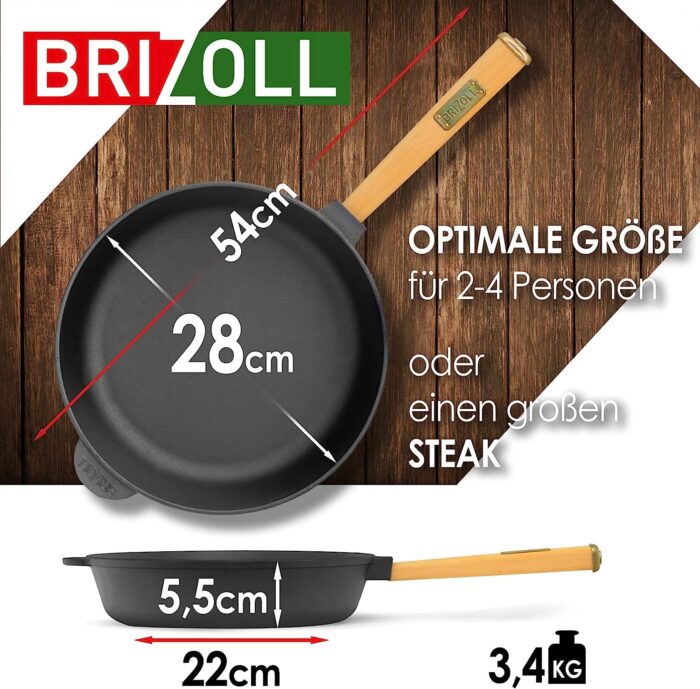 Ø28cm Gusseisenpfanne 55mm hoch mit Holzgriff und Gusseisen Deckel Induktion Bratpfanne