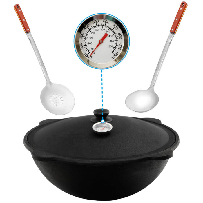 Gusseisen Kasan 12L rund NAMANGAN Alum. Deckel inkl. Schaumkelle, Schöpflöffel und Thermometer