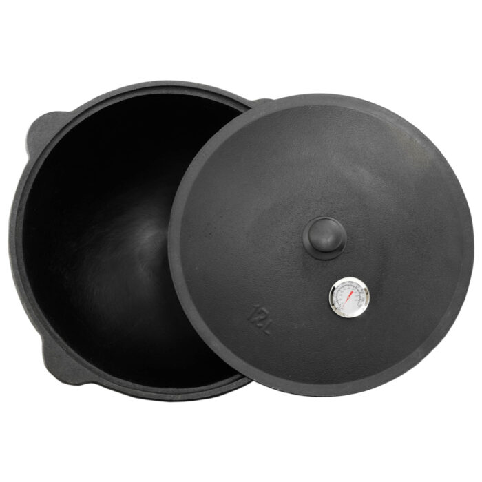 Gusseisen Kasan 12L rund NAMANGAN Alum. Deckel inkl. Schaumkelle, Schöpflöffel und Thermometer