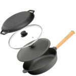 Ø24-28cm (tief) Gusseisenpfanne Gußeisenpfanne mit Holzgriff Pfanne aus Gusseisen