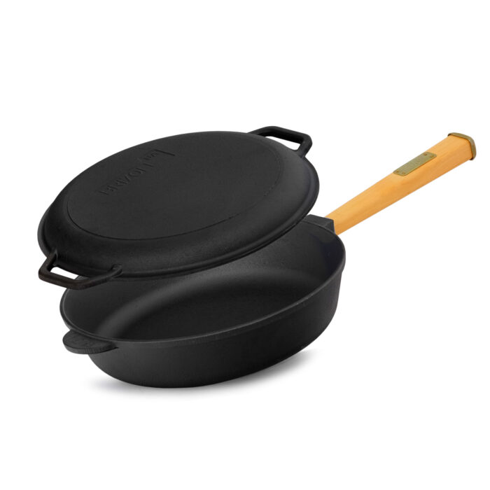 Ø24-28cm (tief) Gusseisenpfanne Gußeisenpfanne mit Holzgriff Pfanne aus Gusseisen