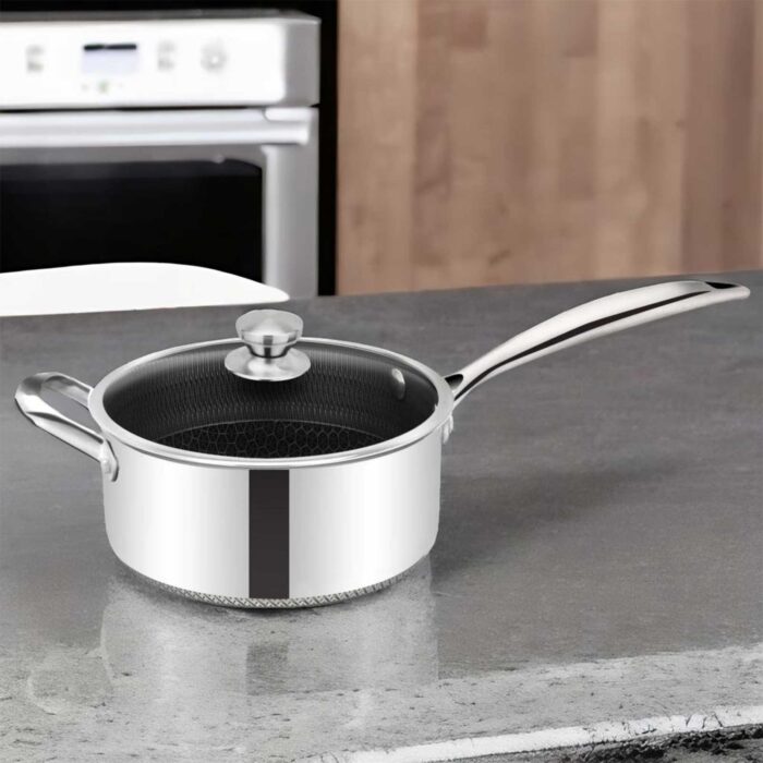 Stielkasserolle 20 cm Edelstahl Universaltopf Glasdeckel Kochtopf  Antihaftbeschichtung