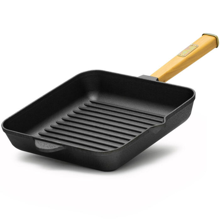 Grillpfanne 28 / 26 cm Gusseisen Holzgriff Bratpfanne Pfanne Feuerpfanne Induktion