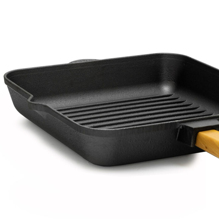 Grillpfanne 28 / 26 cm Gusseisen Holzgriff Bratpfanne Pfanne Feuerpfanne Induktion