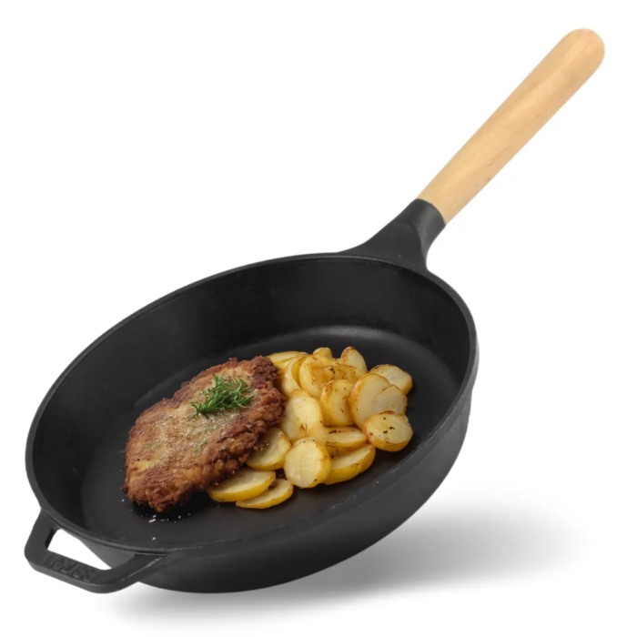 Ø22-28cm Gusseisenpfanne BRIZOLL Bratpfanne aus Gusseisen Eisenpfanne Gusspfanne rund mit Holzgriff INDUKTION für alle Herdarten