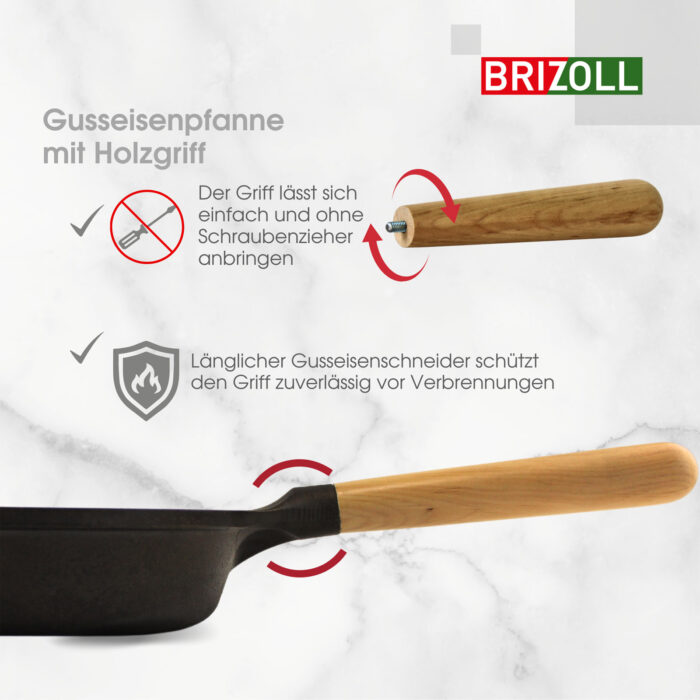 Ø22-28cm Gusseisenpfanne BRIZOLL Bratpfanne aus Gusseisen Eisenpfanne Gusspfanne rund mit Holzgriff INDUKTION für alle Herdarten