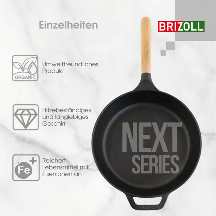 Ø22-28cm Gusseisenpfanne BRIZOLL Bratpfanne aus Gusseisen Eisenpfanne Gusspfanne rund mit Holzgriff INDUKTION für alle Herdarten