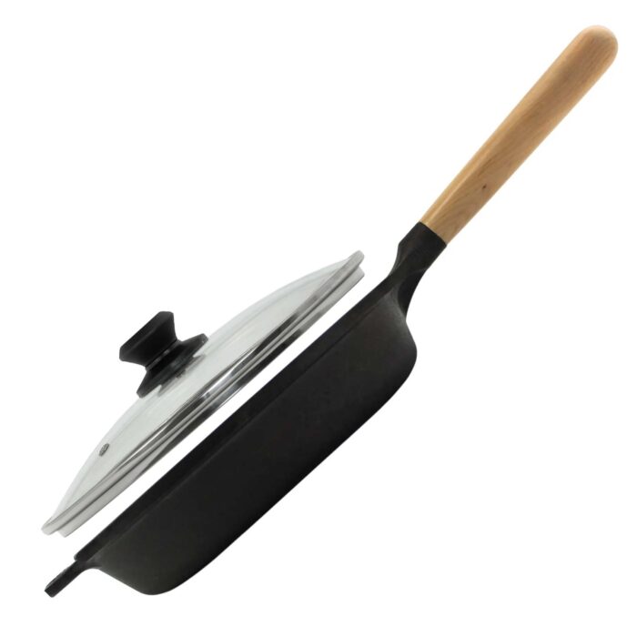 Ø22-28cm Gusseisenpfanne BRIZOLL mit Glasdeckel Bratpfanne aus Gusseisen Eisenpfanne Gusspfanne rund mit Holzgriff INDUKTION für alle Herdarten