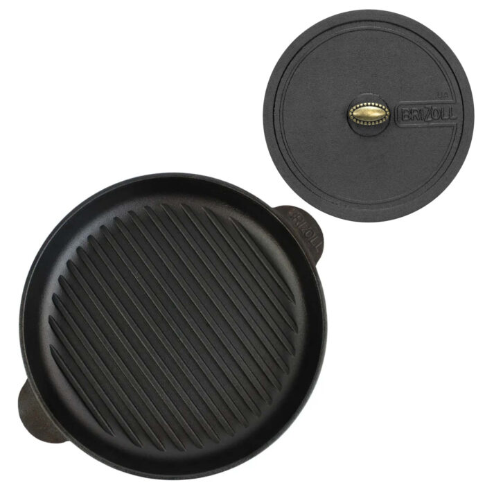 Ø28cm Grillpfanne aus Gusseisen Bräter mit Pressdeckel Schmortopf zwei Griffe Servierpfanne Grill