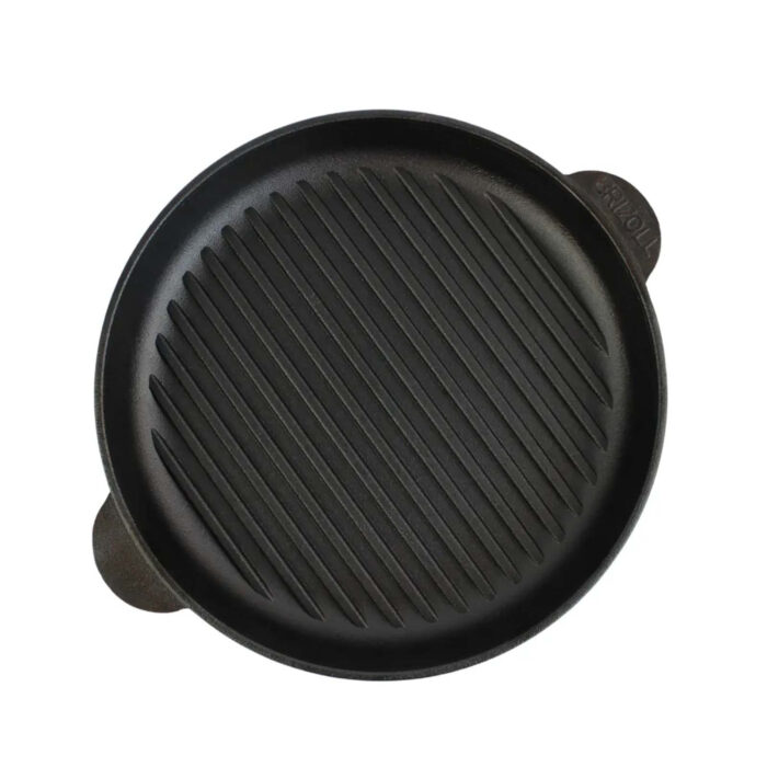 Ø28cm Grillpfanne aus Gusseisen Bräter mit Pressdeckel Schmortopf zwei Griffe Servierpfanne Grill
