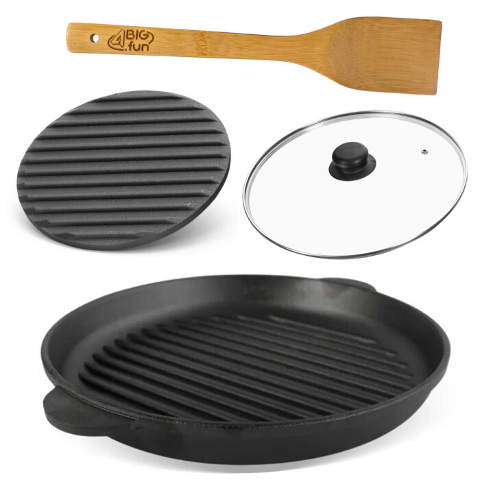 Ø26cm Grillpfanne aus Gusseisen Bräter mit Pressdeckel Glasdeckel Pfannenwender Schmortopf zwei Griffe Servierpfanne Grill