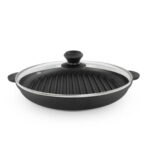 Ø26cm Grillpfanne aus Gusseisen Bräter mit Pressdeckel Glasdeckel Pfannenwender Schmortopf zwei Griffe Servierpfanne Grill