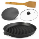 Ø28cm Grillpfanne aus Gusseisen Bräter mit Pressdeckel Glasdeckel Pfannenwender Schmortopf zwei Griffe Servierpfanne Grill
