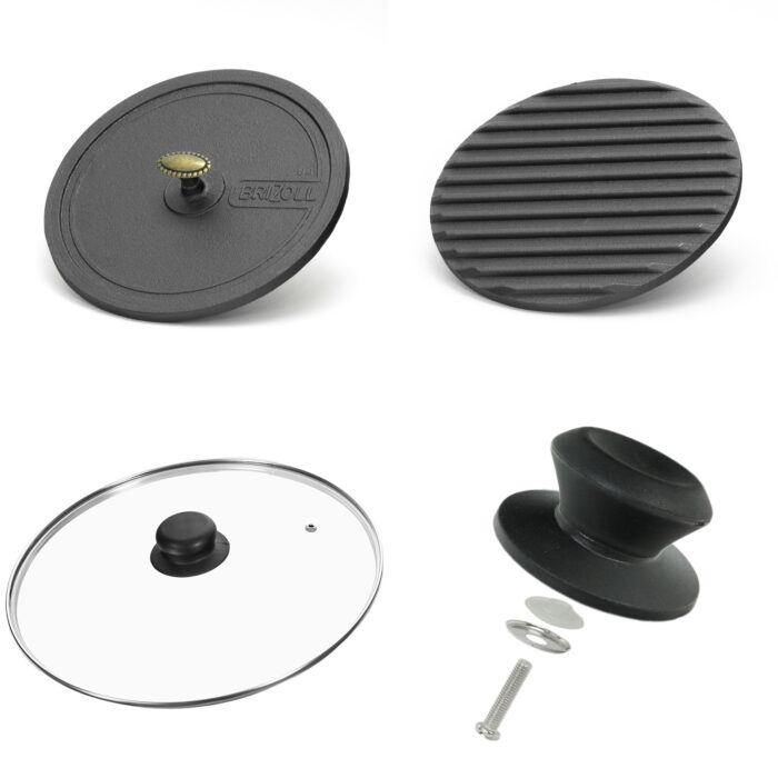 Ø28cm Grillpfanne aus Gusseisen Bräter mit Pressdeckel Glasdeckel Pfannenwender Schmortopf zwei Griffe Servierpfanne Grill