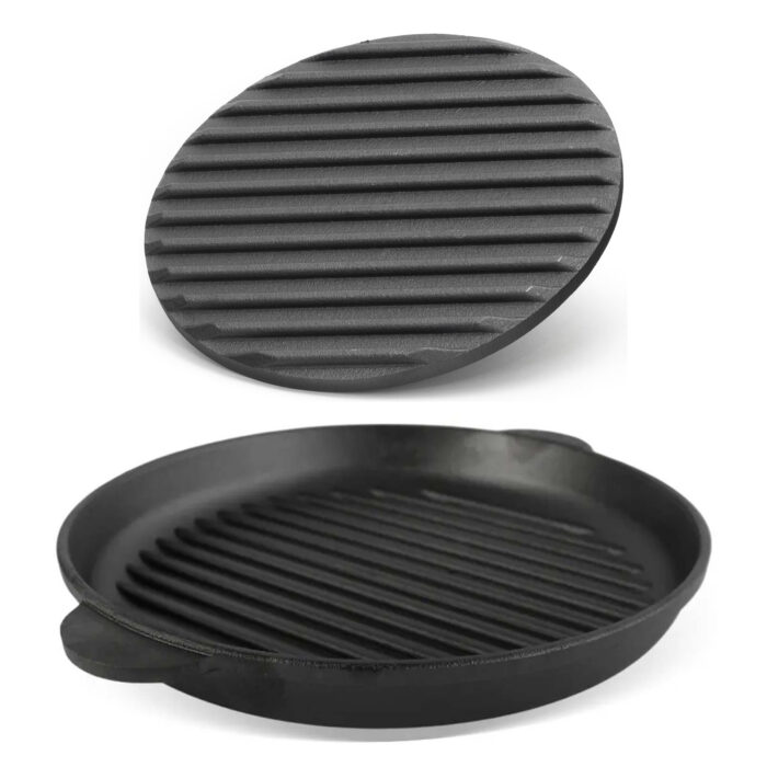 Ø30cm Grillpfanne aus Gusseisen Bräter mit Pressdeckel Schmortopf zwei Griffe Servierpfanne Grill