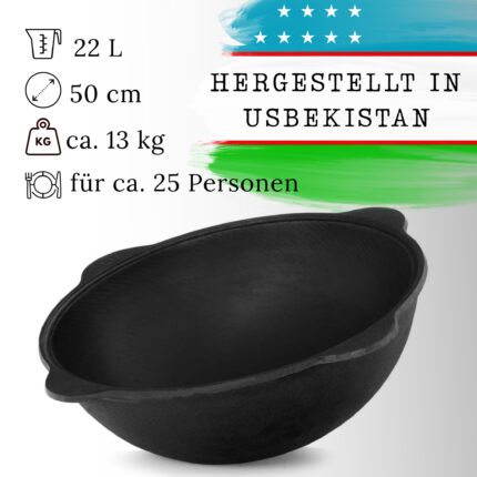 Gusseisen Kasan 22L eben NAMANGAN Deckel Campingtopf Kazan WOK Kessel Camping BBQ Asia Schaumkelle
