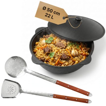 Gusseisen Kasan 22L eben NAMANGAN Deckel Campingtopf Kazan WOK Kessel Camping BBQ Asia Schaumkelle